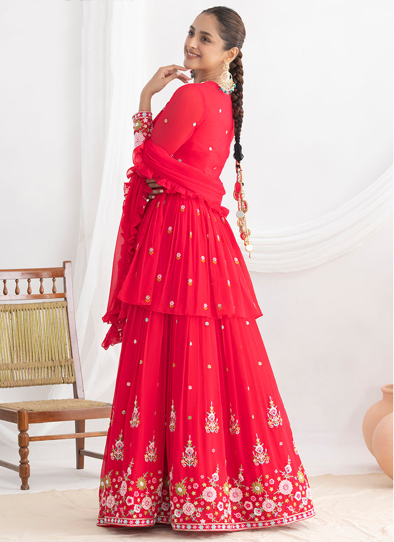 Cherry Georgette Beads Work Wedding Wear Readymade Plazzo Suit SW270981