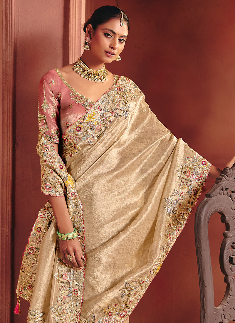 Chiku Pure Smooth Zari Silk Embroidery Work Wedding Wear Saree SW141180