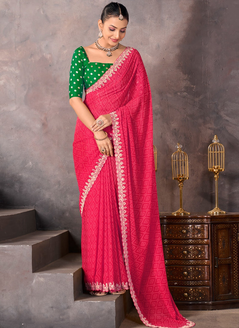 Georgette Coral Red Saree with Embroidery Work for Daily Wear 382818