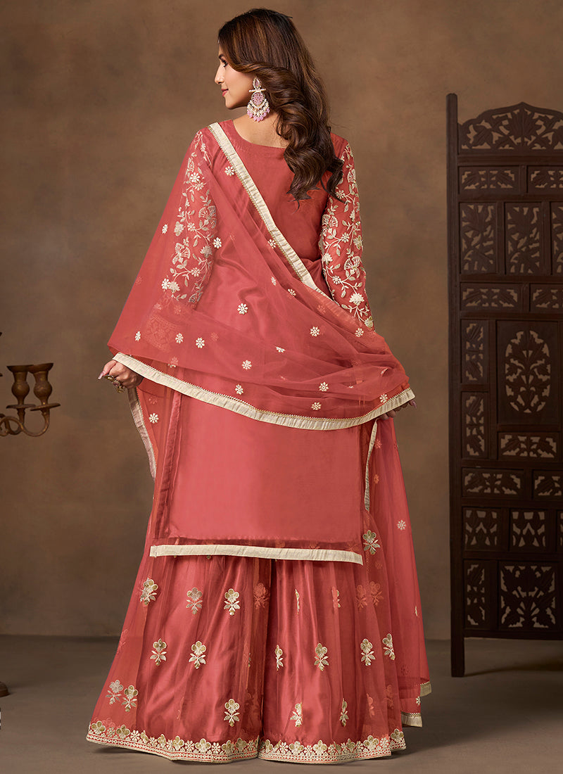 Coral Red Satin With Net Embroidery Work Designer Wear Sharara Suit SW207077