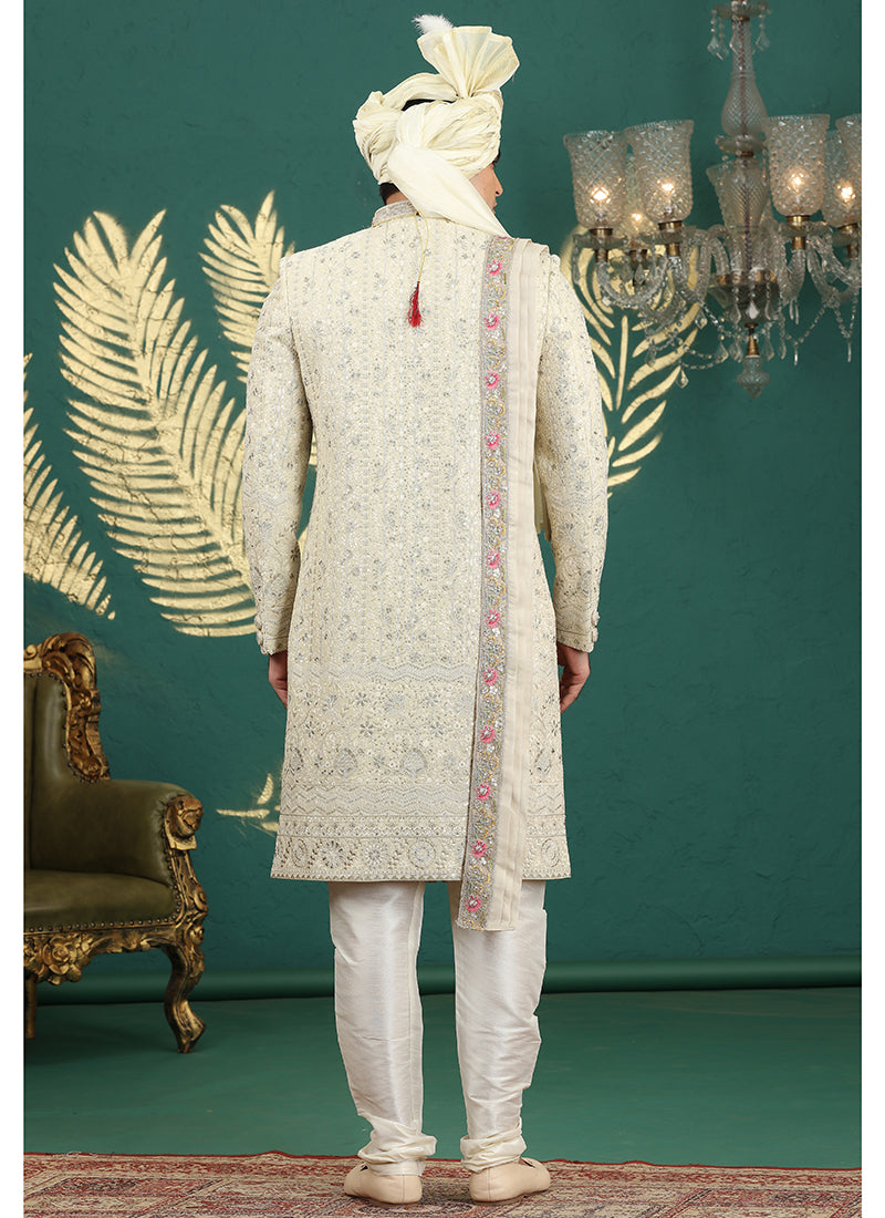 Art Silk Cream Groom Wear Thread Work Readymade Groom Sherwani 385475
