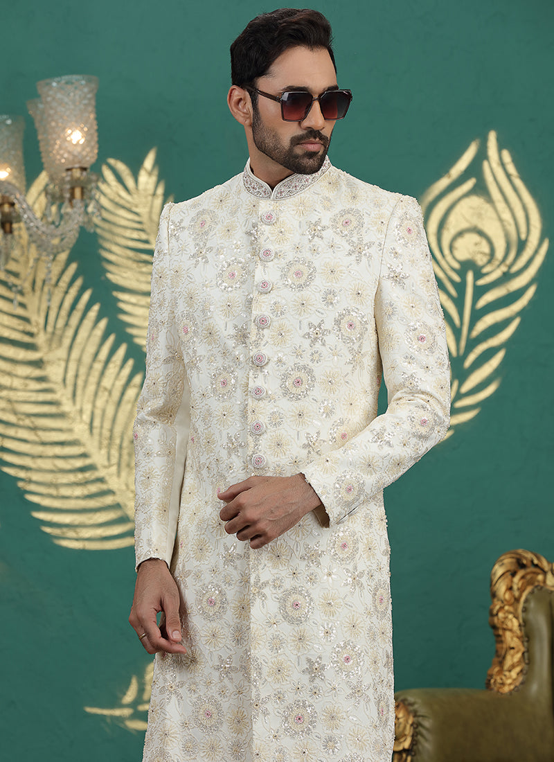 Art Silk Cream Groom Wear Thread Work Readymade Sherwani 385479