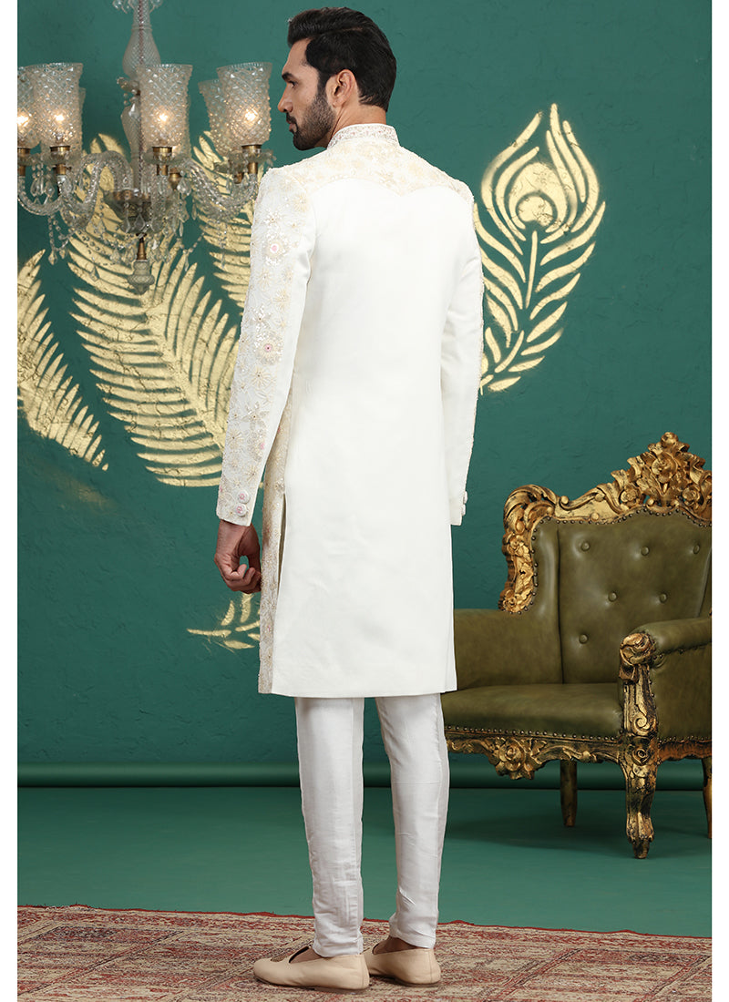 Art Silk Cream Groom Wear Thread Work Readymade Sherwani 385479