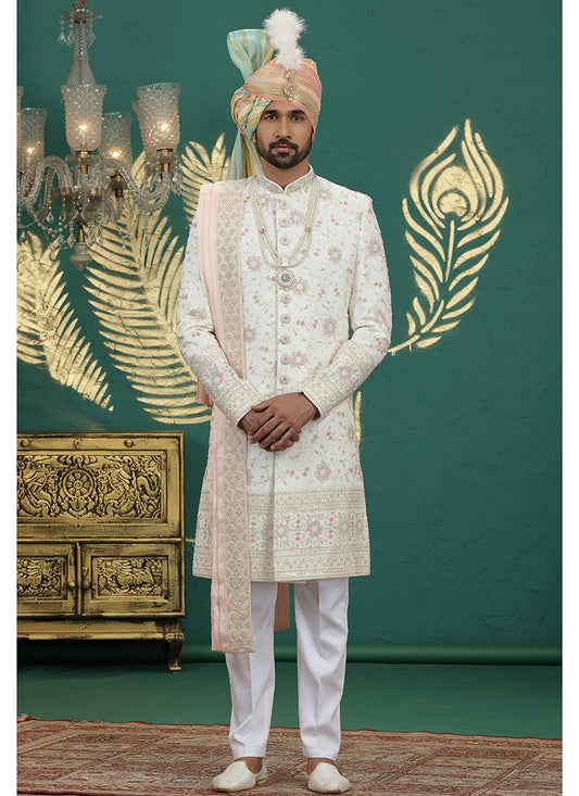 Art Silk Cream Groom Wear Thread Work Readymade Groom Sherwani 385480
