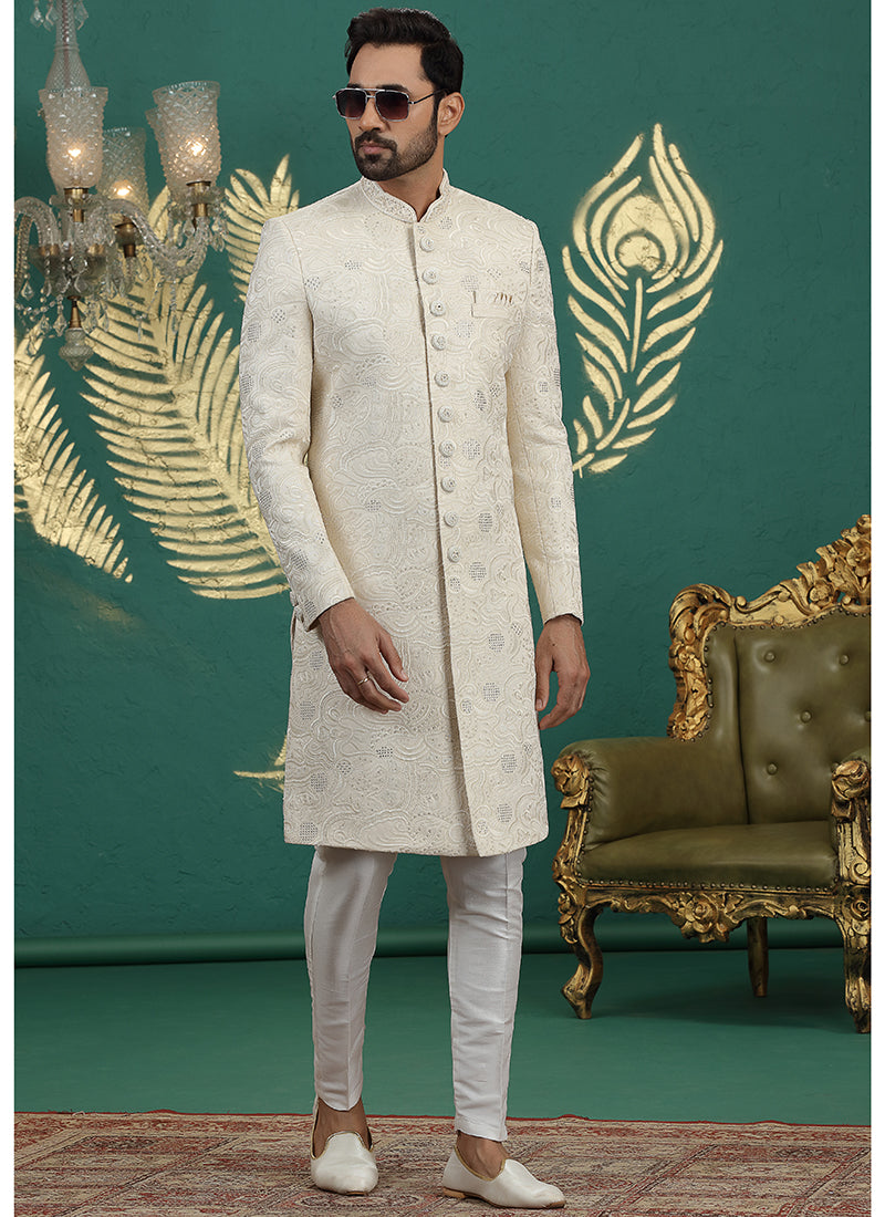 Art Silk Cream Groom Wear Thread Work Readymade Sherwani 385484