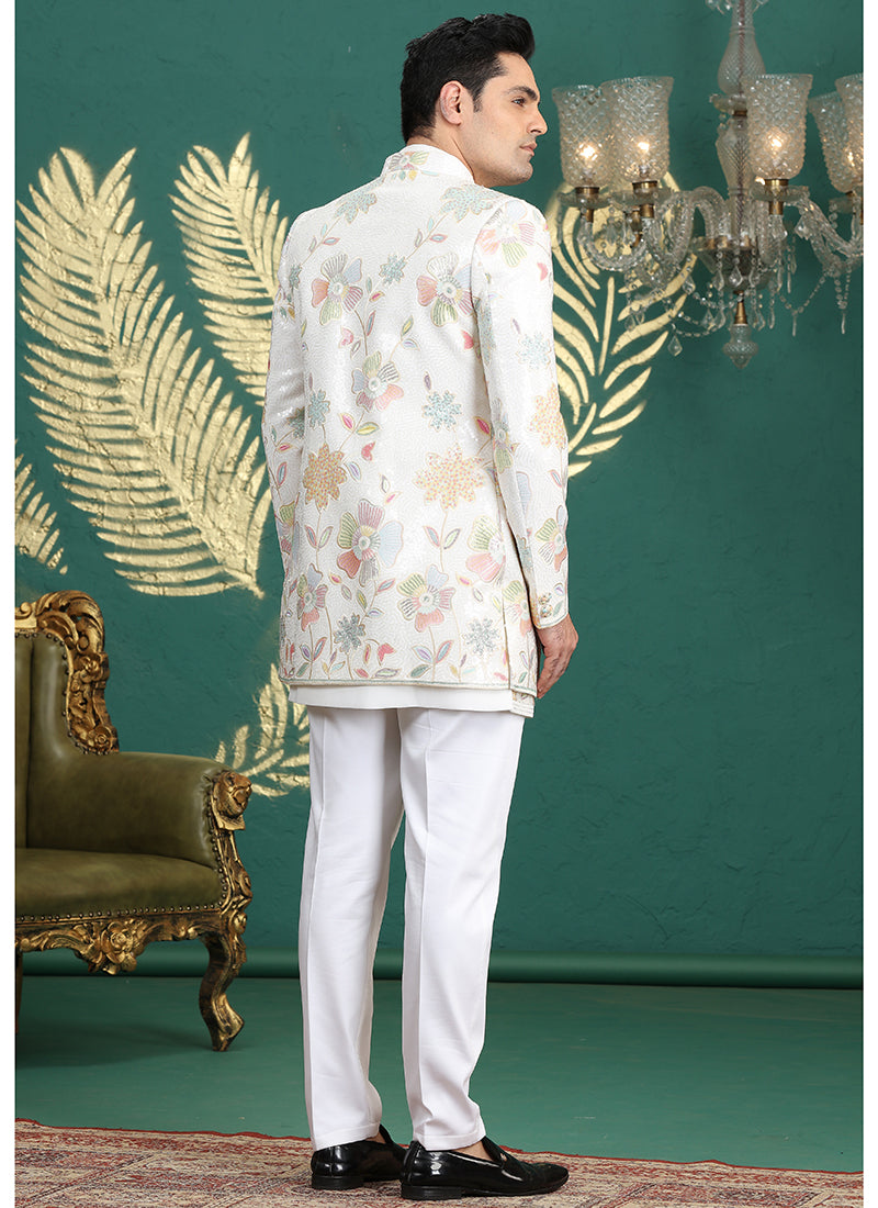 Art Silk Cream Party Wear Computer Thread Work Readymade IndoWestern Sherwani 387375