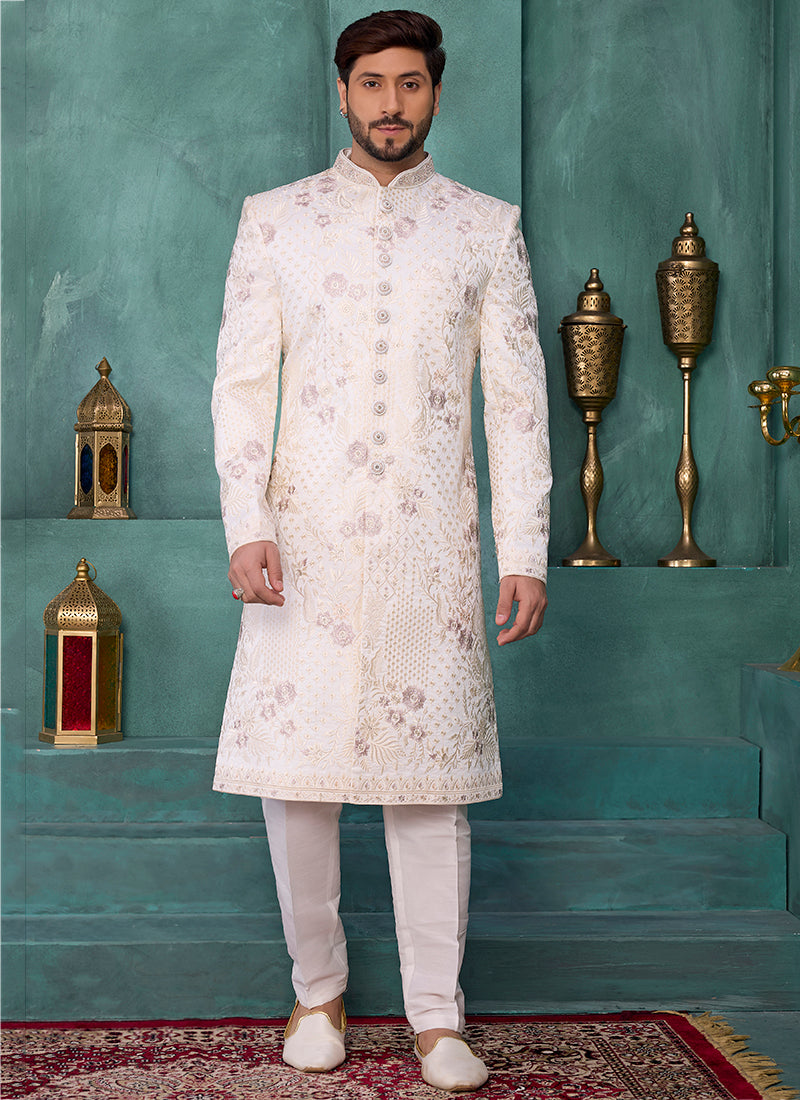 Cream Art Silk Computer Thread Work Party Wear Readymade Sherwani SW711254