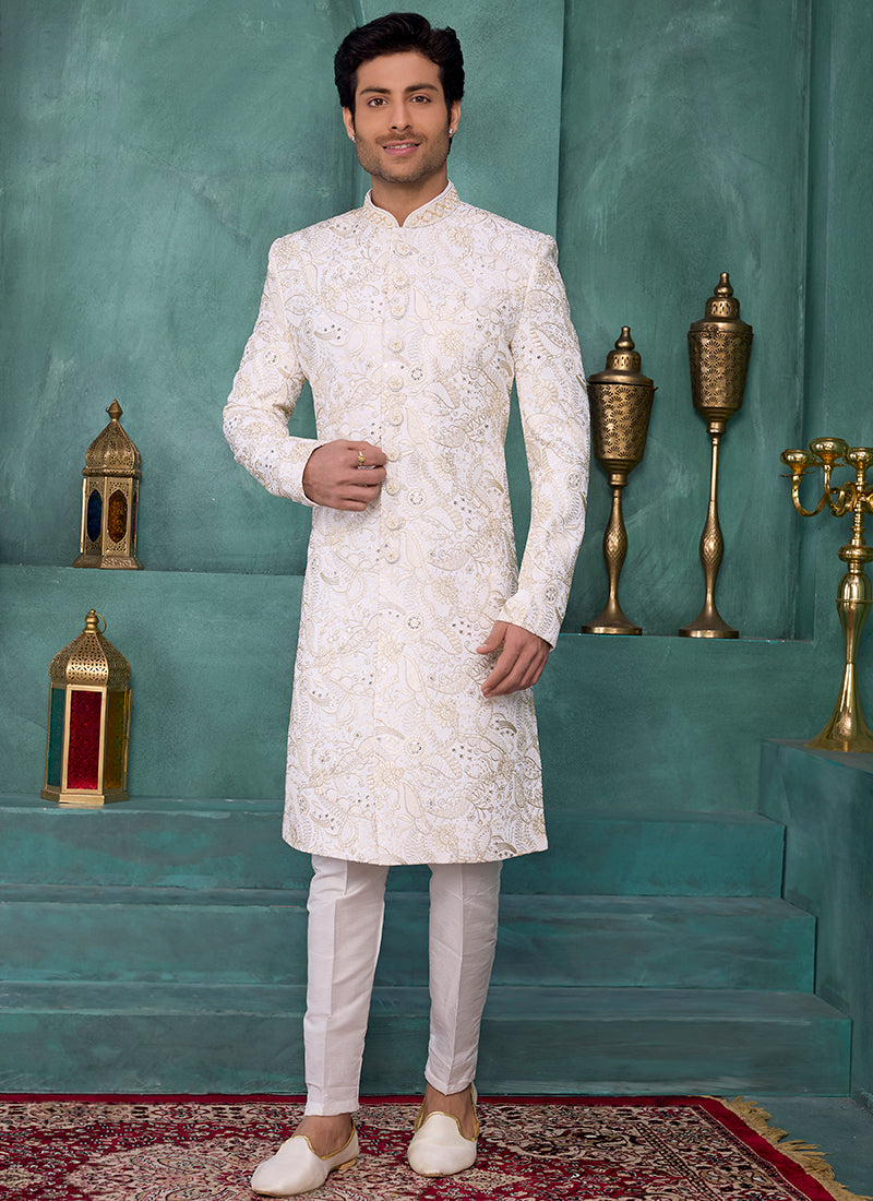Cream Art Silk Computer Thread Work Party Wear Readymade Sherwani SW900022