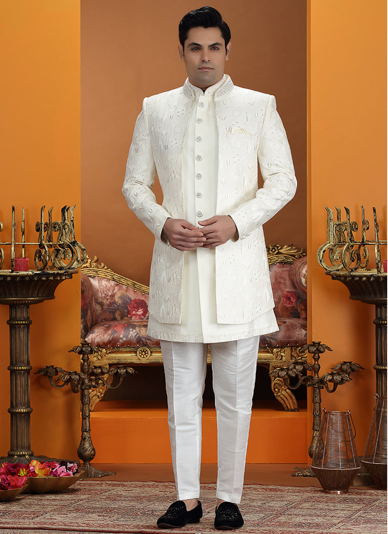 Cream Art Silk Computer Thread Work Wedding Wear Readymade Indowestern Sherwani SW823919