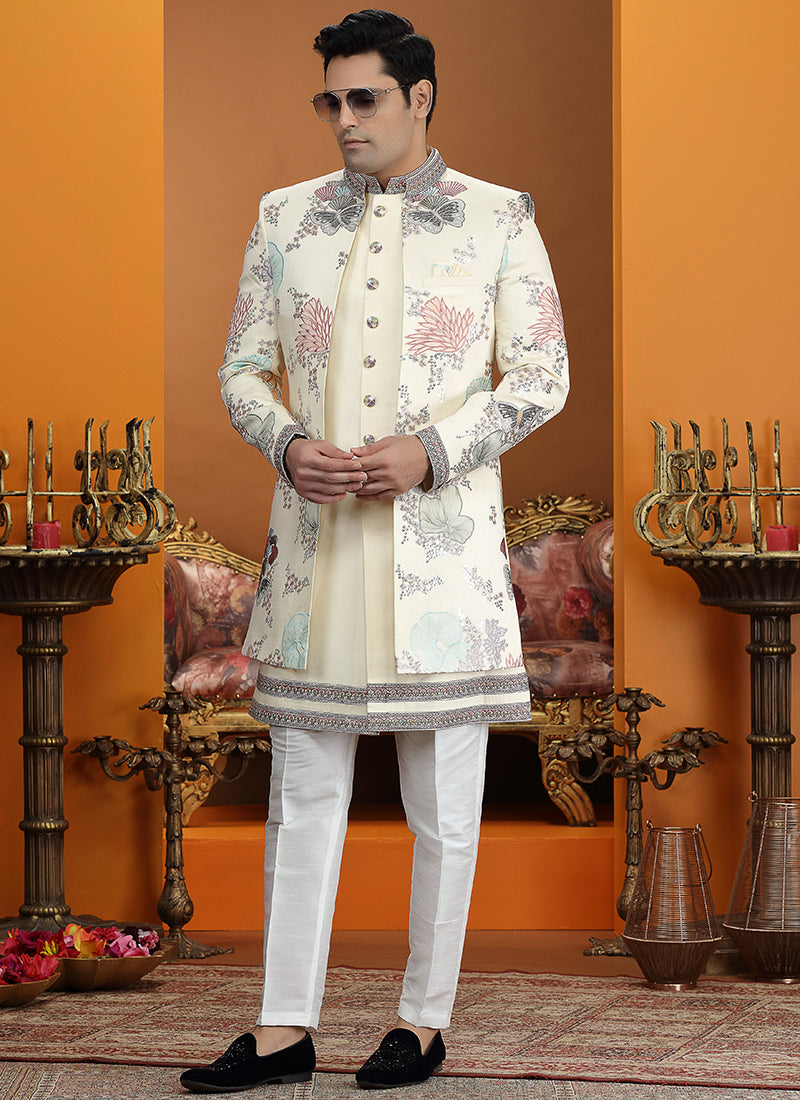 Cream Art Silk Computer Thread Work Wedding Wear Readymade Indowestern Sherwani SW226372