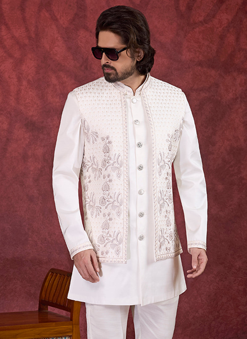 Art Silk Cream Wedding Wear Embroidery Work Readymade IndoWestern Sherwani 387381