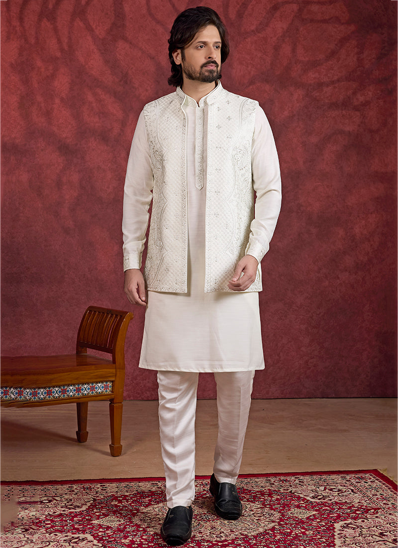 Art Silk Cream Wedding Wear Embroidery Work Readymade IndoWestern Sherwani 387384