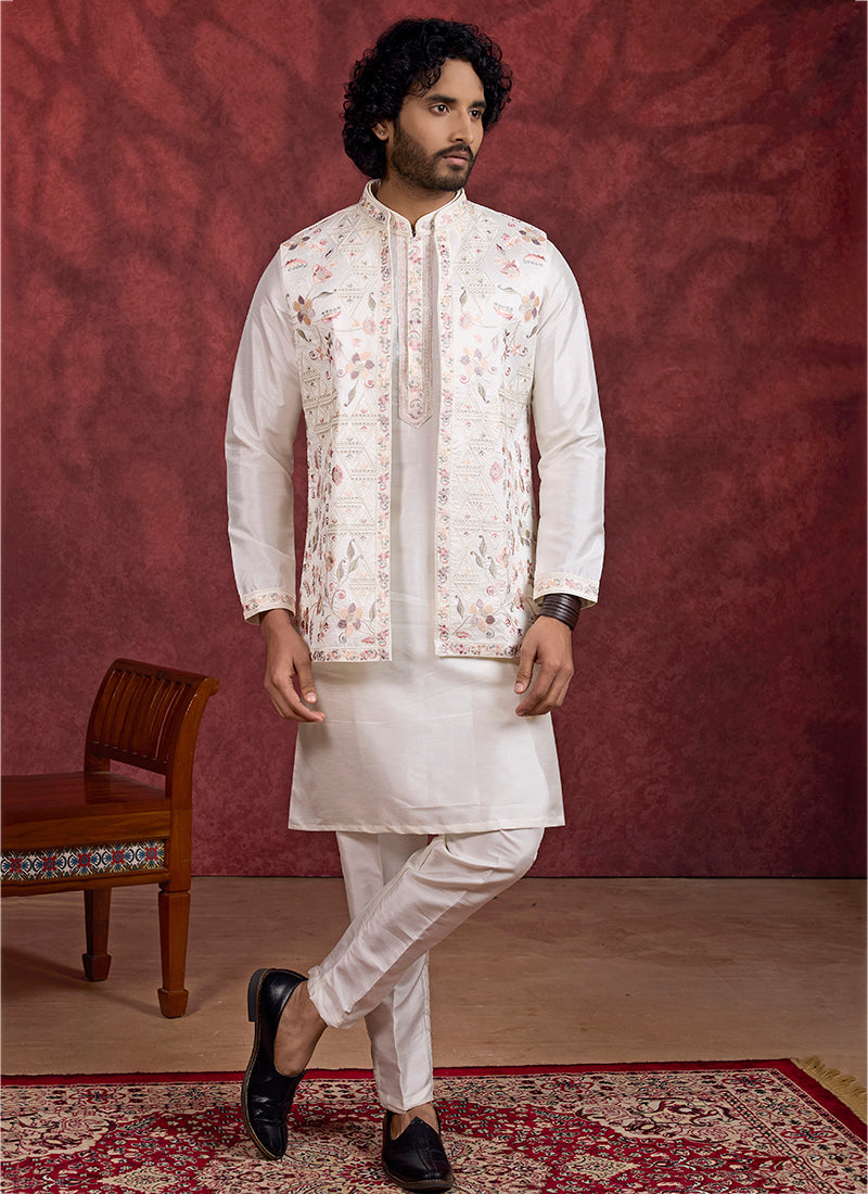 Art Silk Cream Wedding Wear Embroidery Work Readymade IndoWestern Sherwani 387386