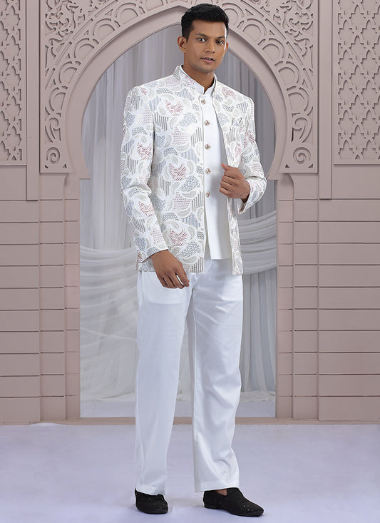 Art Silk Cream Wedding Wear Pattern Pc Work Readymade Indo Western 385493