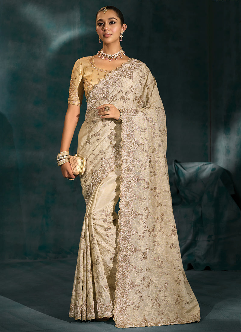 Banarasi Zari Cream Designer Saree with Heavy Work for Bridal Wear 384682