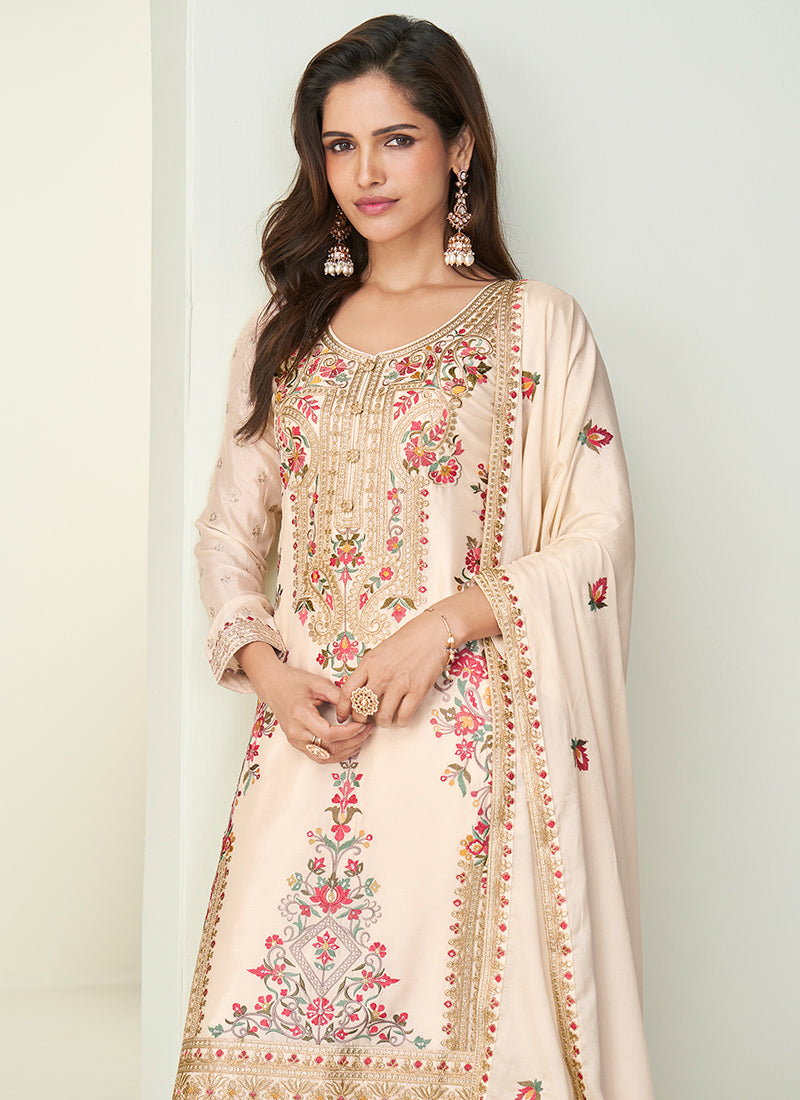 Chinnon Cream Festival Wear Embroidery Work Readymade Plazzo Suit 385429