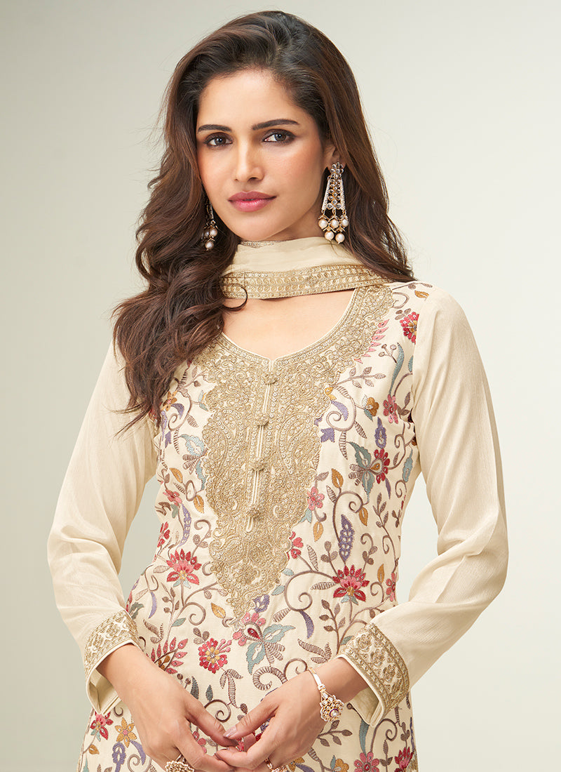 Chinnon Silk Cream Wedding Wear Thread Work Readymade Plazzo Suit 385335