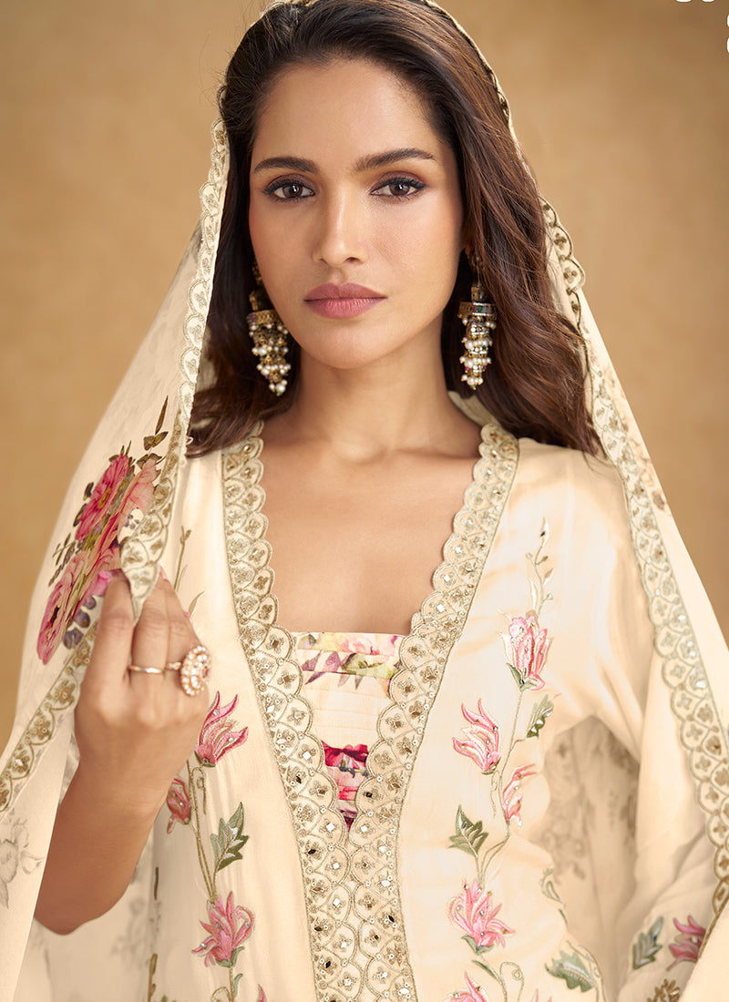 Chinon Cream Designer Wear Embroidery Work Readymade Plazzo Suit 386640