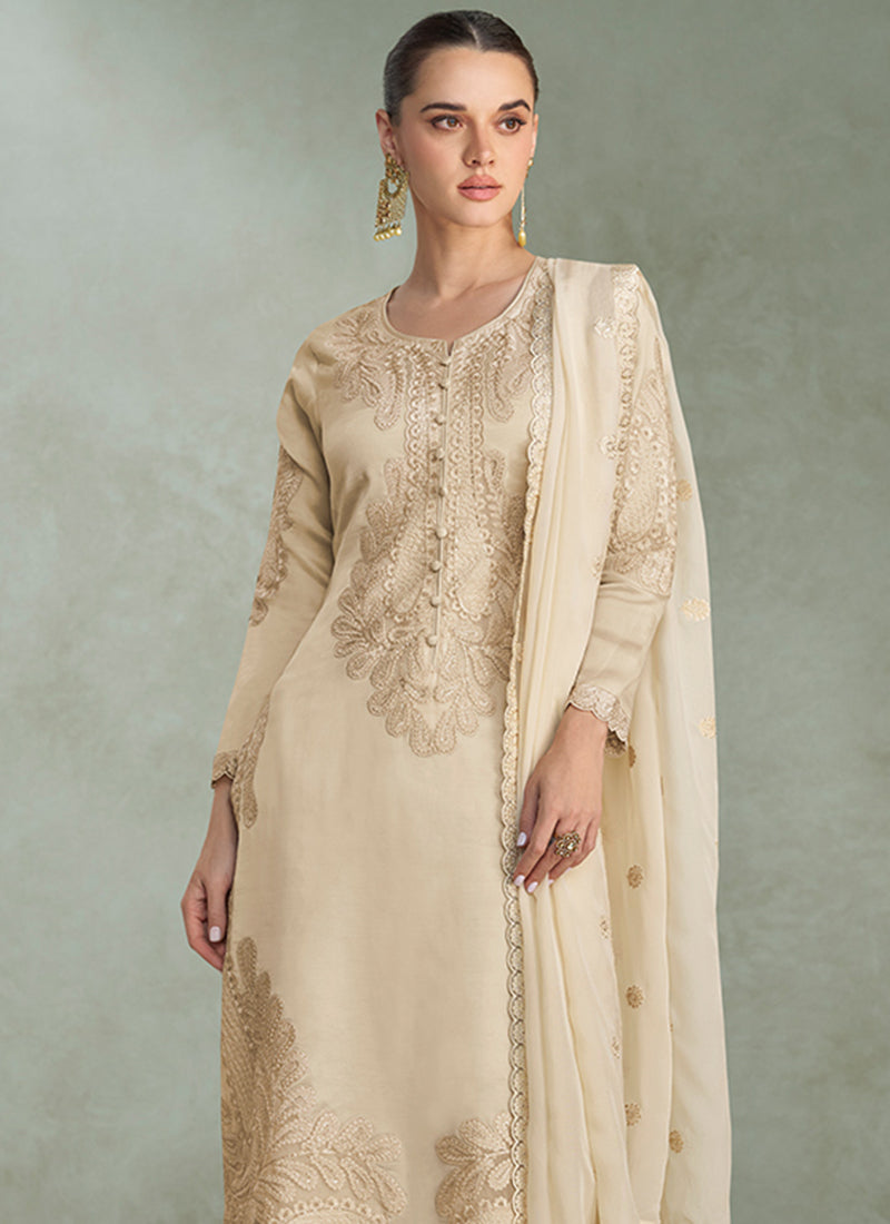 Cream Chinon Silk Embroidery Work Festival Wear Readymade Salwar Suit SW483652