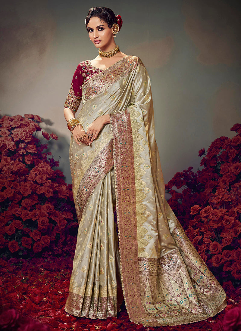 Fancy Fabric Cream Wedding Wear Embroidery Work Saree 385870