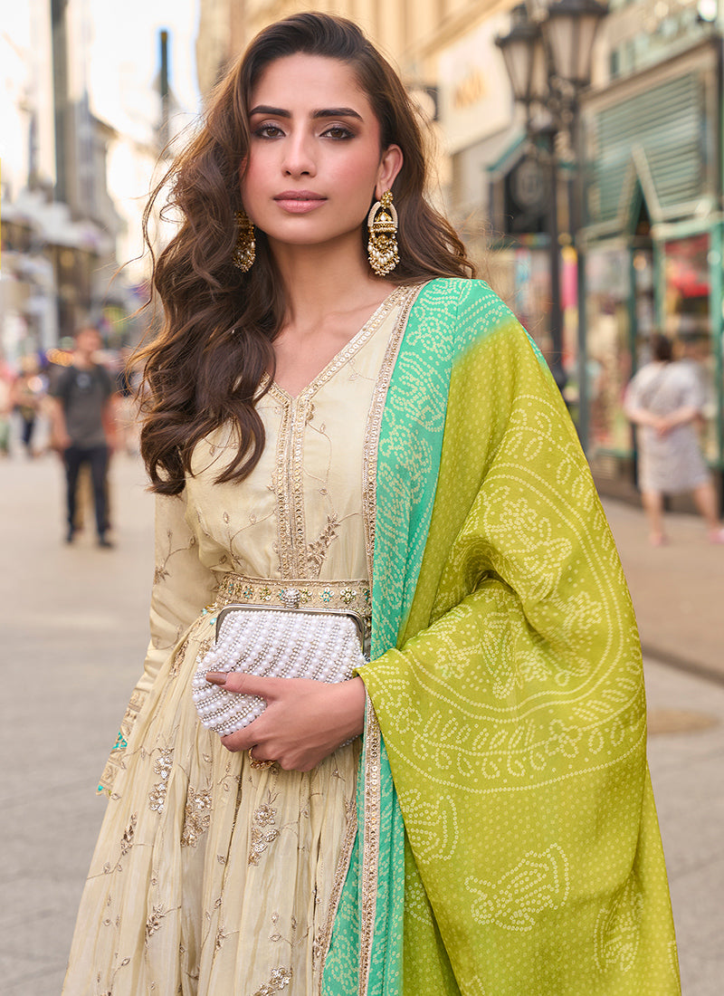 Real Shimmer Silk Cream Festival Wear Embroidery Work Readymade Anarkali Suit 387223