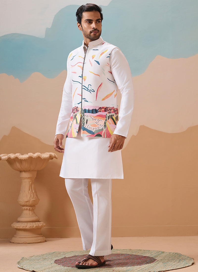 Silk Cream Festival Wear Embroidery Work Readymade Modi Jacket Kurta Pajama 386374