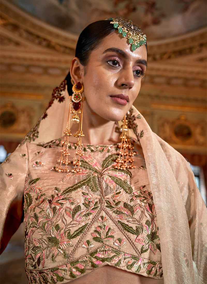 Soft Tissue Cream Festival Wear Thread Embroidery Work Designer Saree 388253