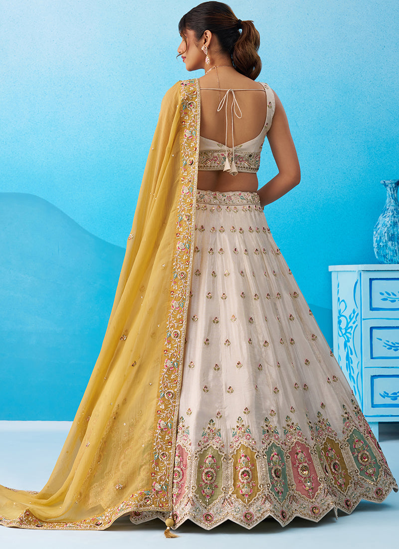 Cream Tissue Sequins Work Reception Wear Lehenga Choli SW131658
