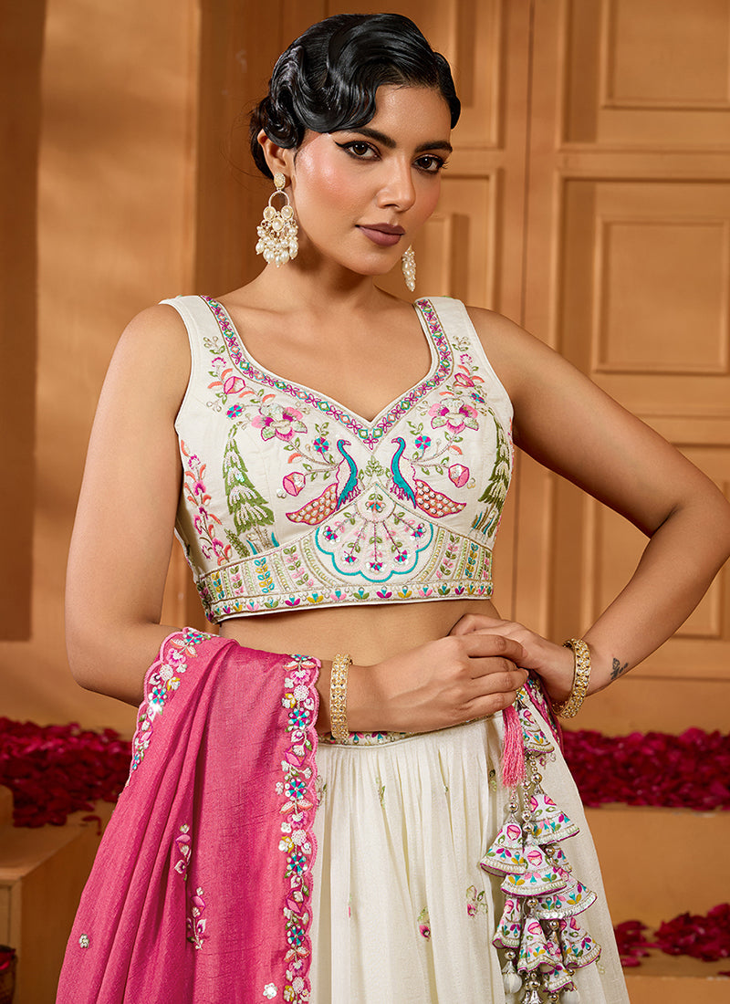 Vichitra Silk Cream Designer Wear Embroidery Work Lehenga Choli 385377