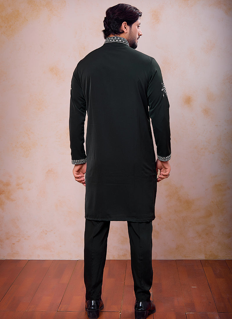 Dark Green Armani Mirror Work Occasional Wear Readymade Kurta Pajama SW539376