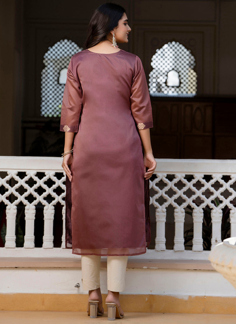 Silk Blend Brown Casual Wear Embroidery Work Readymade Kurti 381489