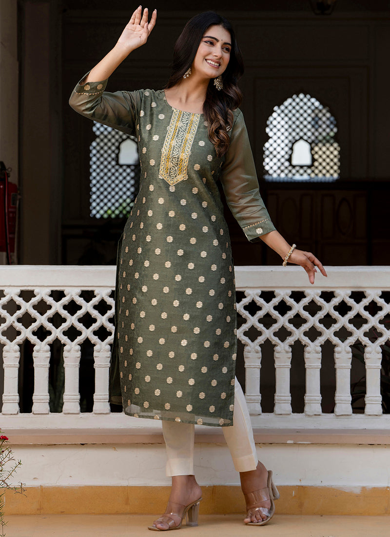 Silk Blend Mehendi Casual Wear Embroidery Work Readymade Kurti 381490