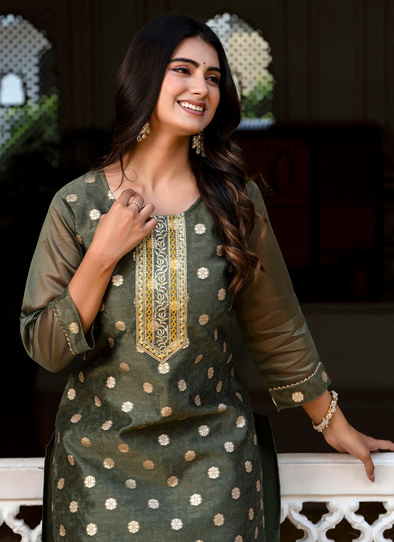 Silk Blend Mehendi Casual Wear Embroidery Work Readymade Kurti 381490