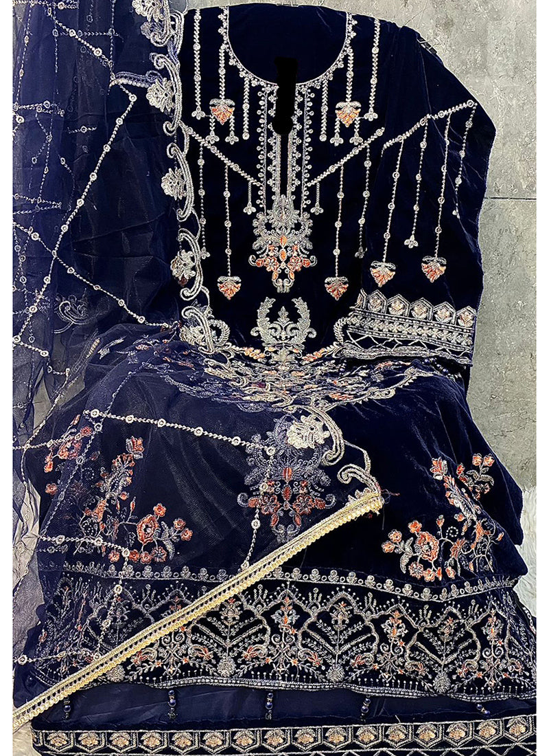 Heavy Velvet Dark Blue Eid Wear Heavy Work Pakistani Suit 387297