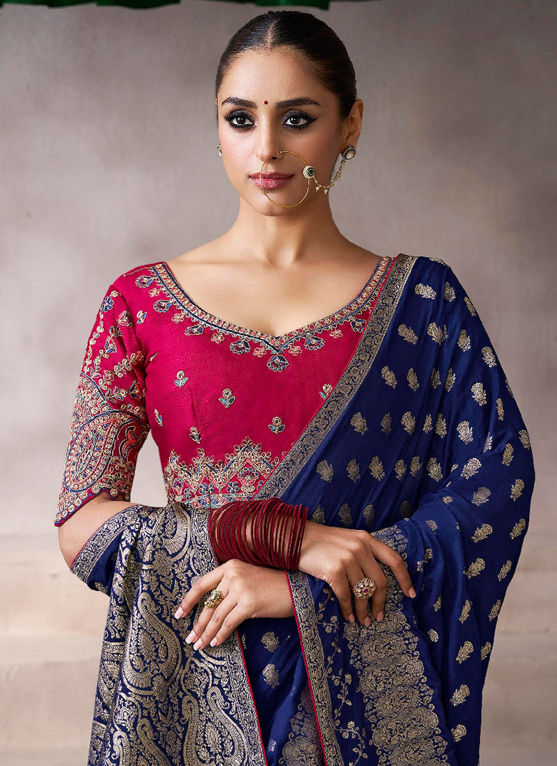 Pure Crepe Dark Blue Wedding Wear Heavy Work Wedding Saree 387286