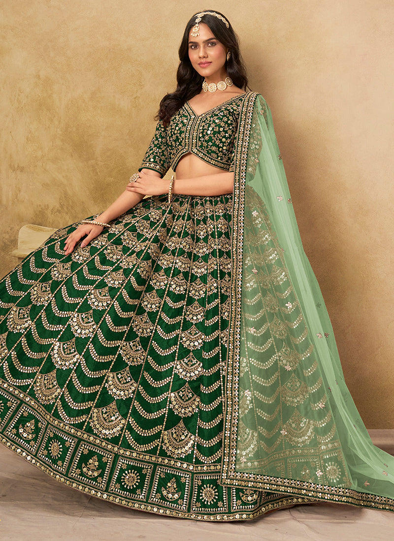 Art Silk Dark Green Wedding Wear Sequin Work Lehenga Choli 386541