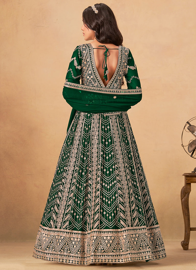 Faux Georgette Dark Green Wedding Wear Zardozi Work Anarkali Gown 386502