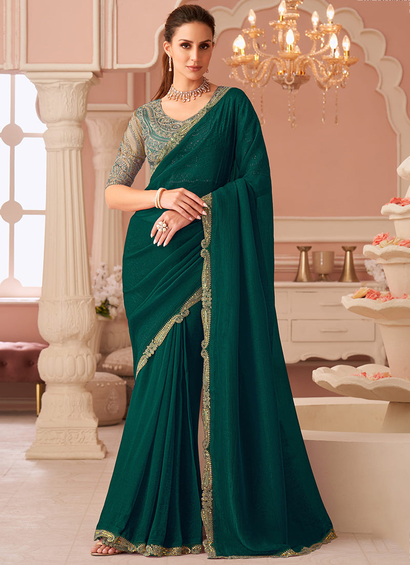 Georgette Dark Green Saree with Border Work for Festival Wear 381873