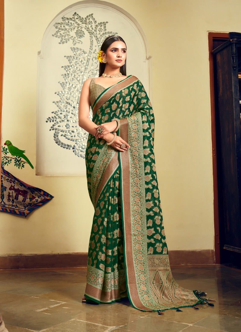 Georgette Dark Green Festival Wear Weaving Work Saree 385987