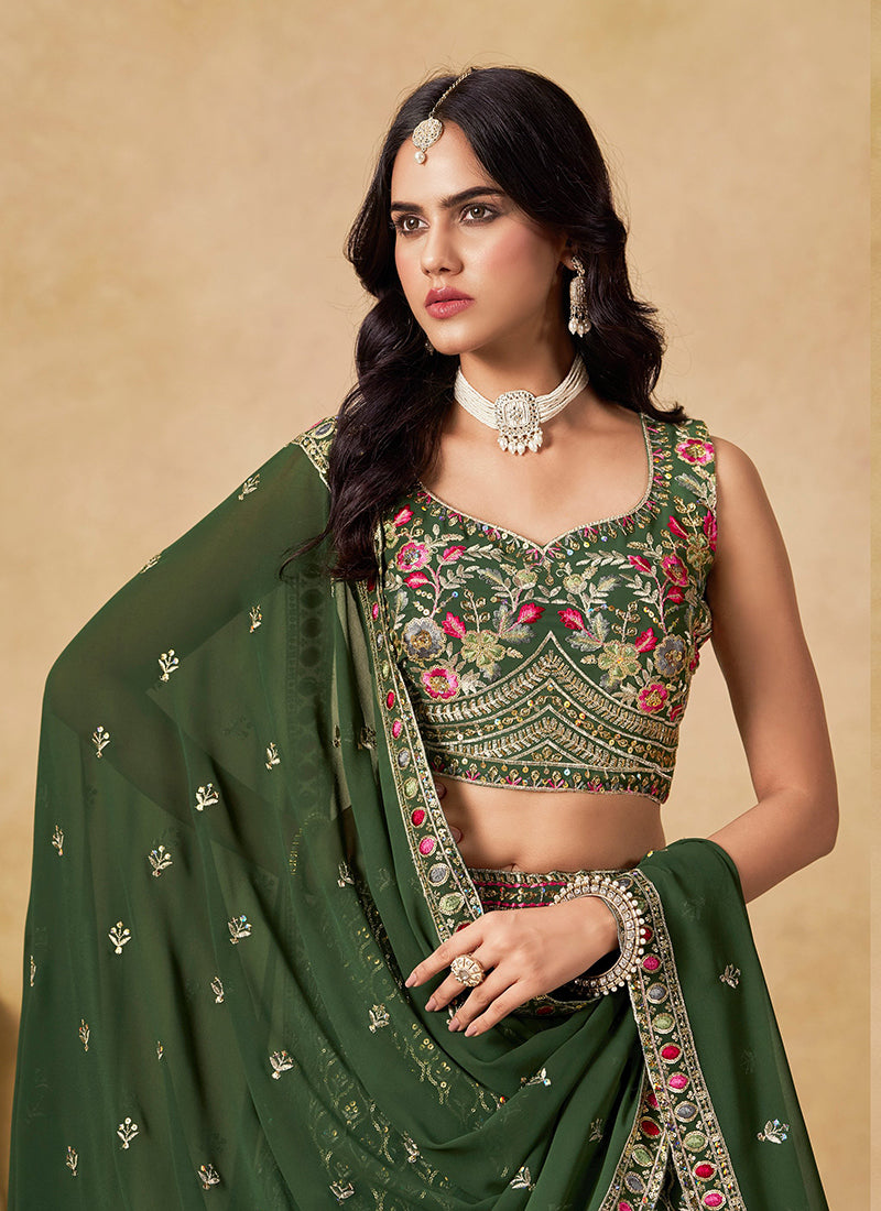 Georgette Dark Green Wedding Wear Thread Embroidery Work Lehenga Choli 387517