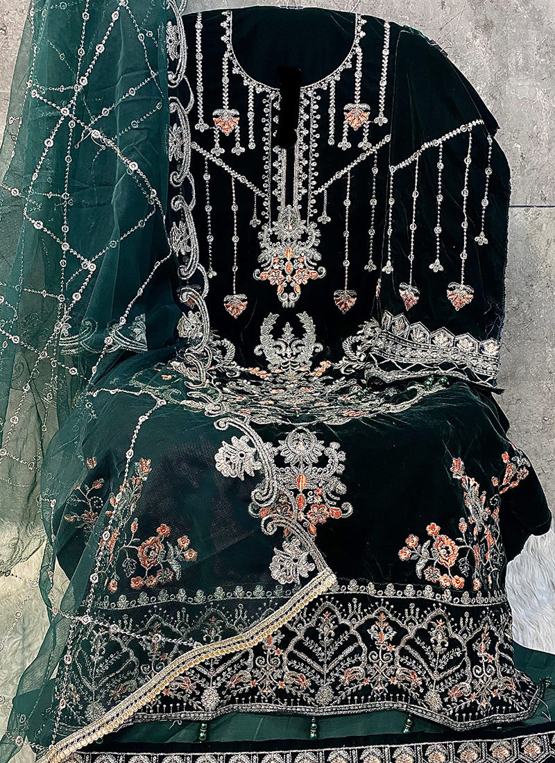 Heavy Velvet Dark Green Eid Wear Heavy Work Pakistani Suit 387296