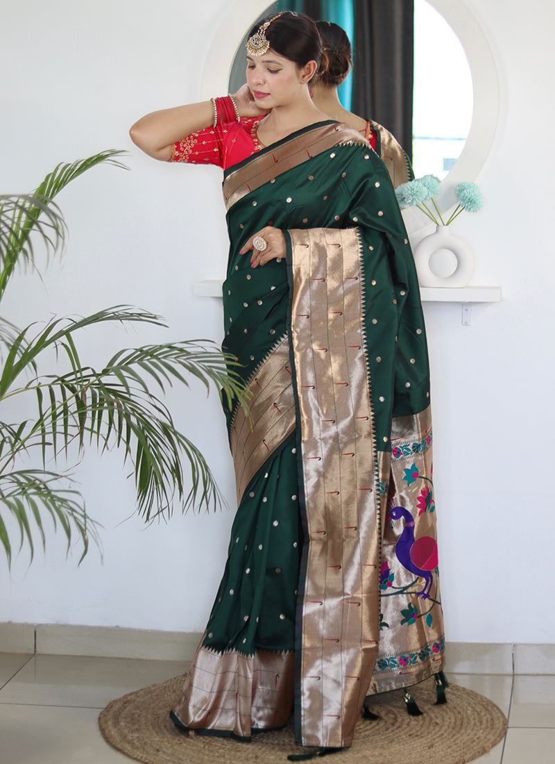 Paithni Silk Dark Green Saree with Embroidery Work for Party Wear 382457