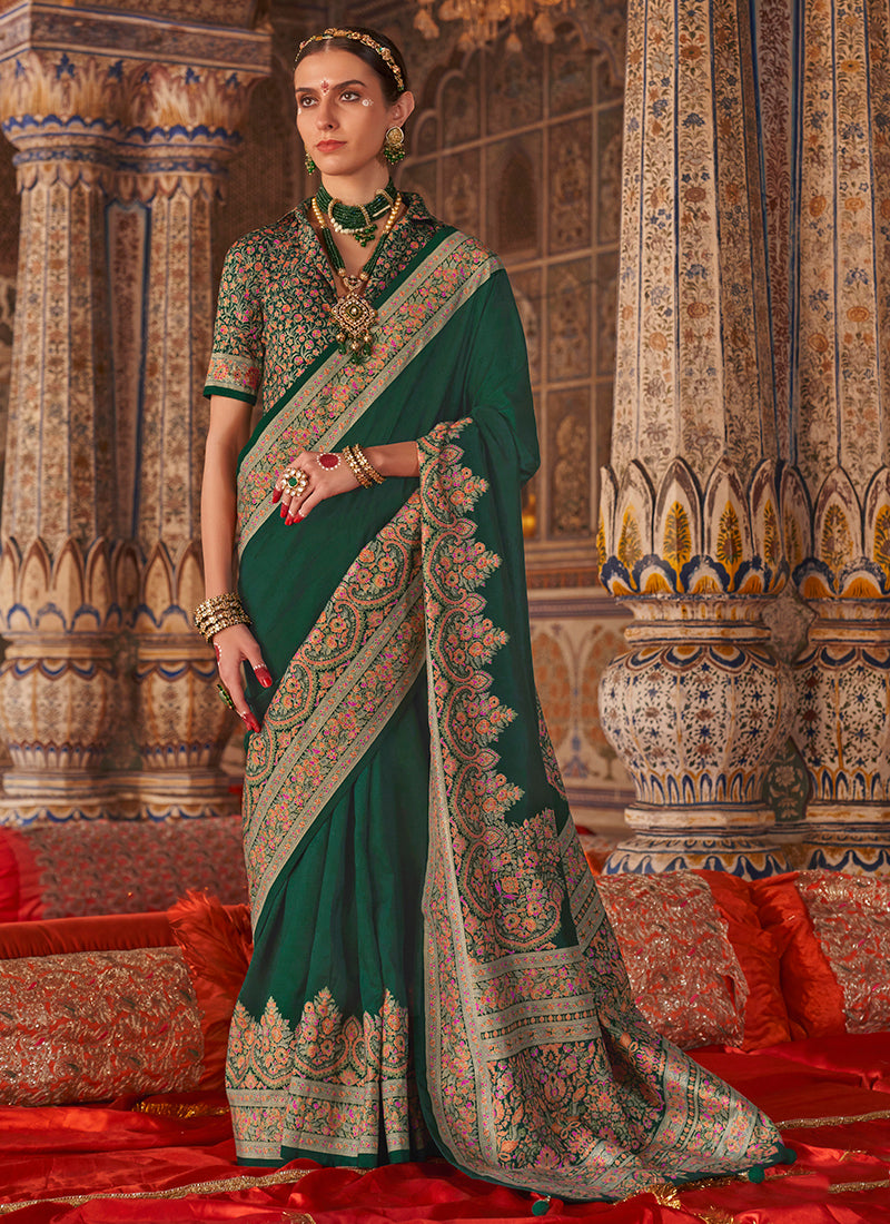 Pv Georgette Dark Green Festival Wear Printed Work Saree 385839