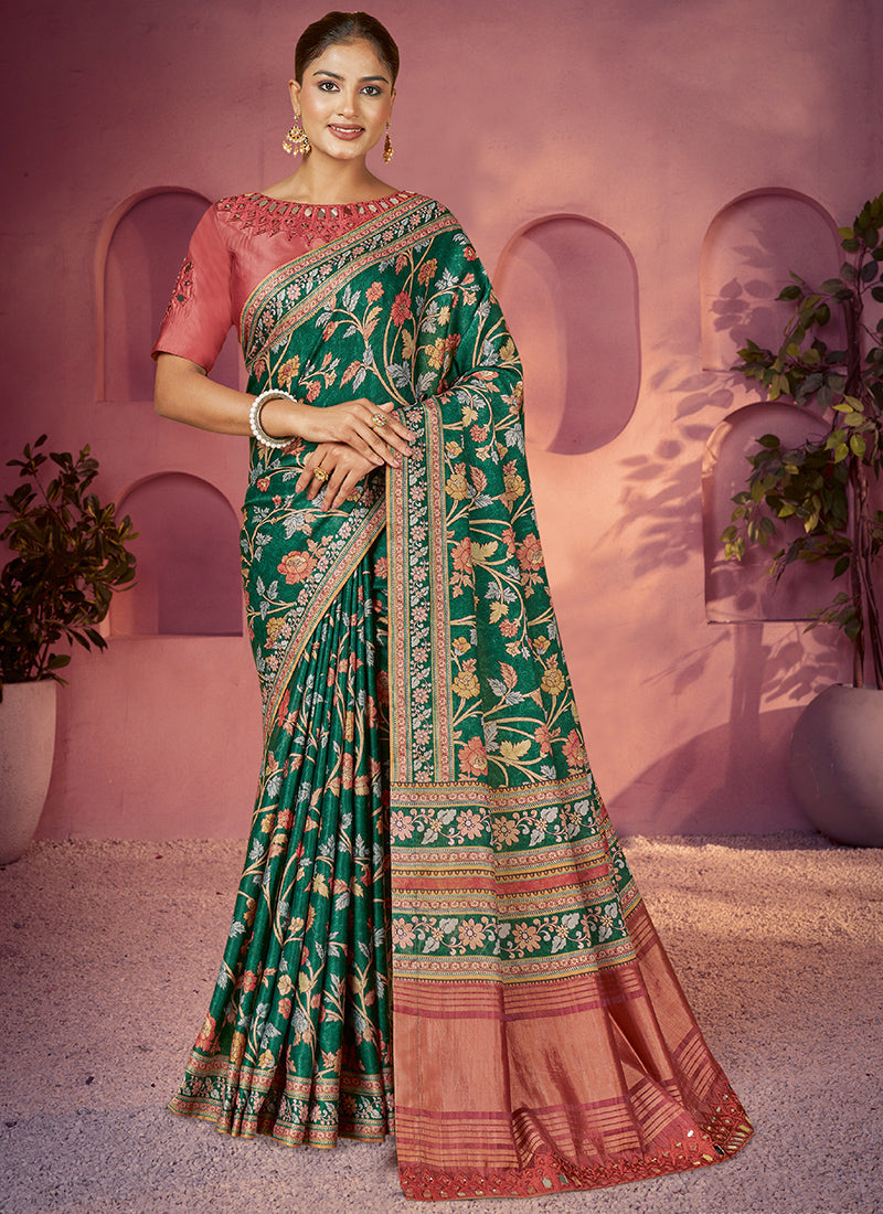 Satin Silk Dark Green Saree with Embroidery Work for Festival Wear 384506