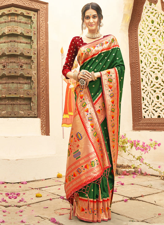 Silk Blend Dark Green Saree with Weaving Work for Festival Wear 384345