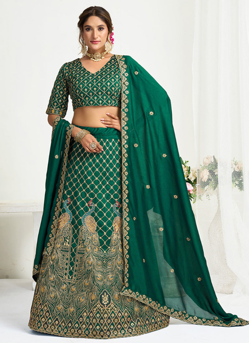 Silk Dark Green Party Wear Zari Embroidery Work Lehenga Choli 386035