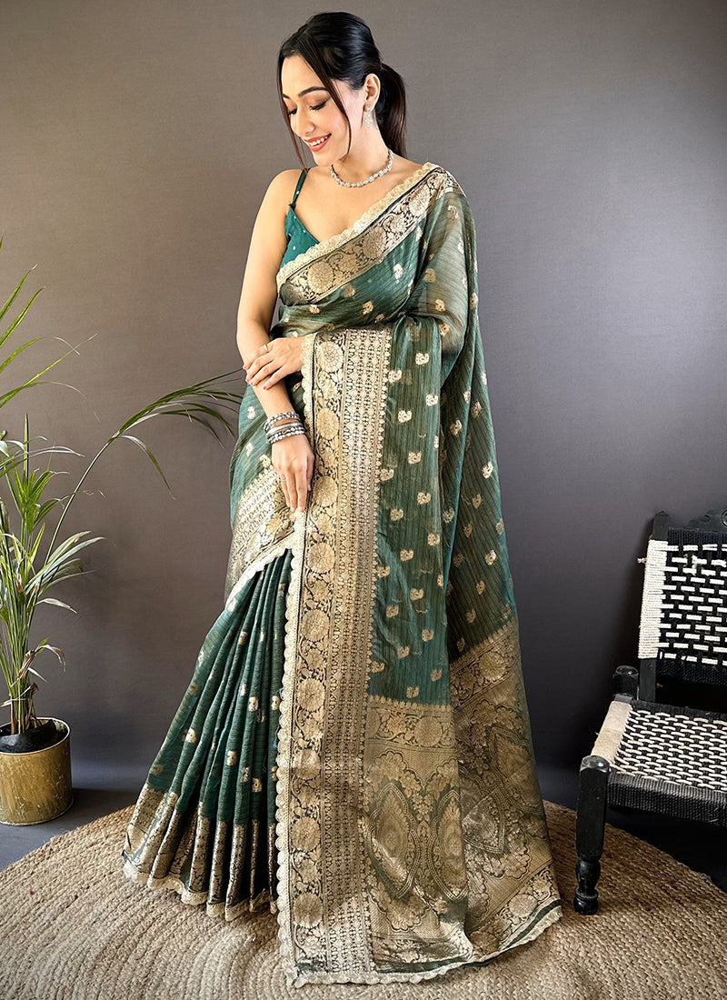 Tissue Silk Dark Green Saree with Border Work for Wedding Wear 381060