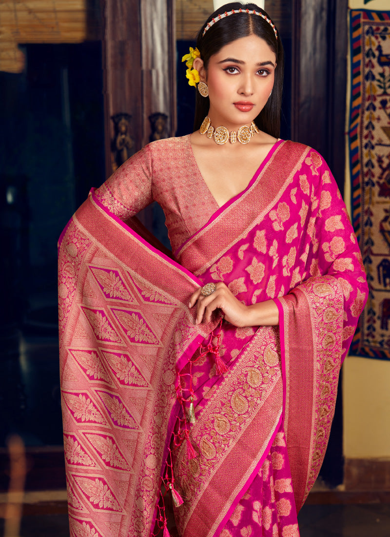 Georgette Dark Pink Festival Wear Weaving Work Saree 385984