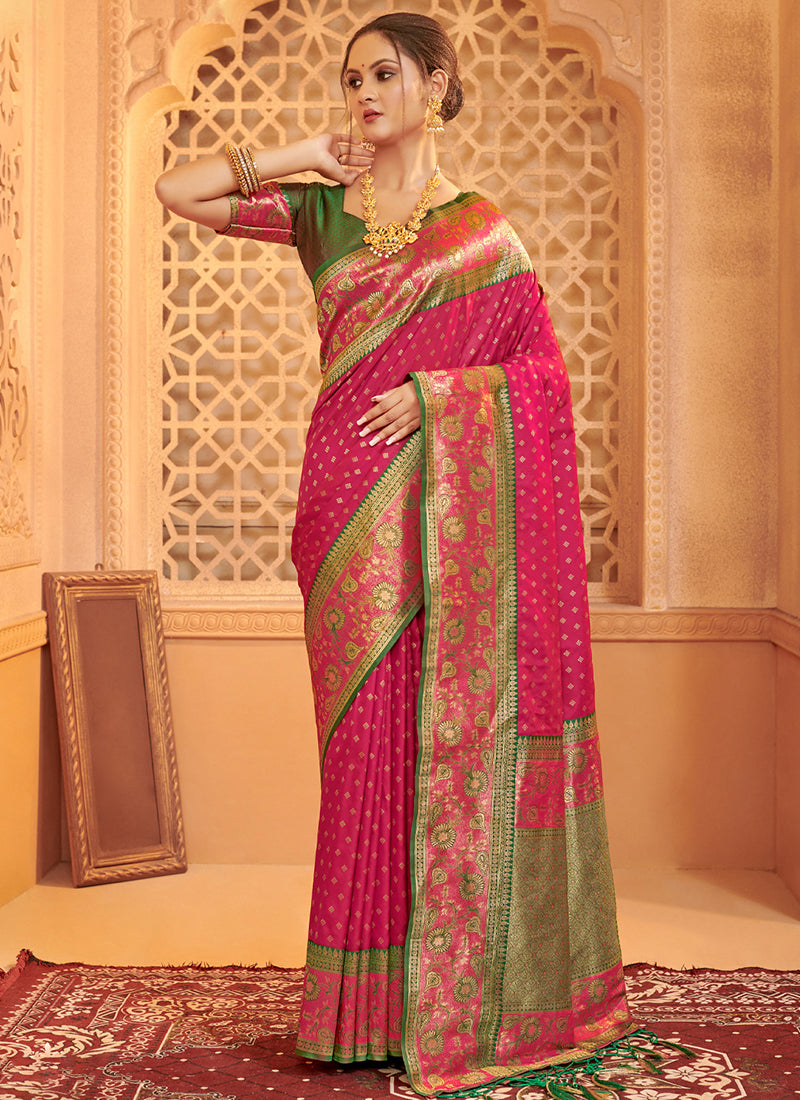 Silk Blend Dark Pink Saree with Weaving Work for Festival Wear 384320