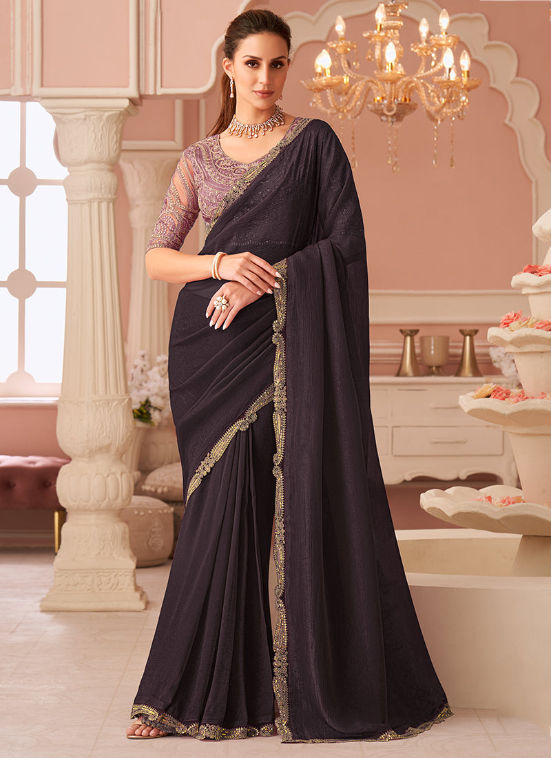 Georgette Dark Plum Designer Saree with Zari Embroidery Work 383845